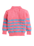 Full sleeves front open Neon Pink with blue stripe color sweater with matching cap and socks for baby