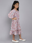 Dress 3/4th Sleeve Floral Print with Light Brown Color for kids