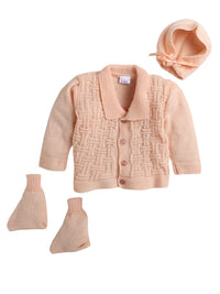 Front Open Full Sleeve Peach Color Sweater with matching Caps and Socks