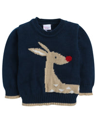 Charming Blue Baby Pullover Sweater with Jacquard Knit Deer Pattern