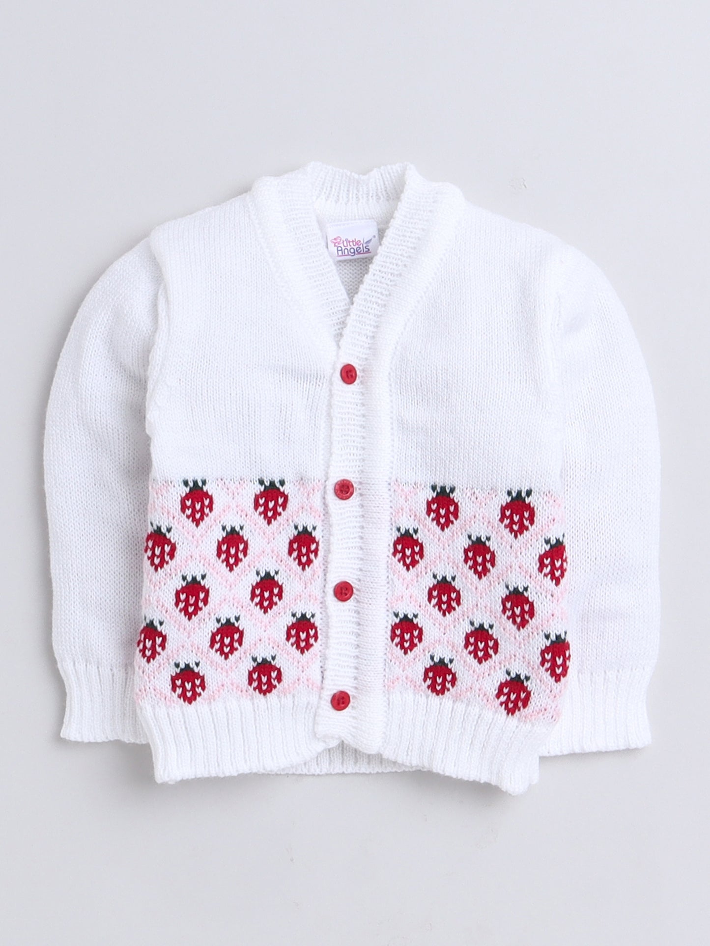 Little Angels Infant Strawberry Delight Knitted Sweater Set - Red and White, with Cap and Socks