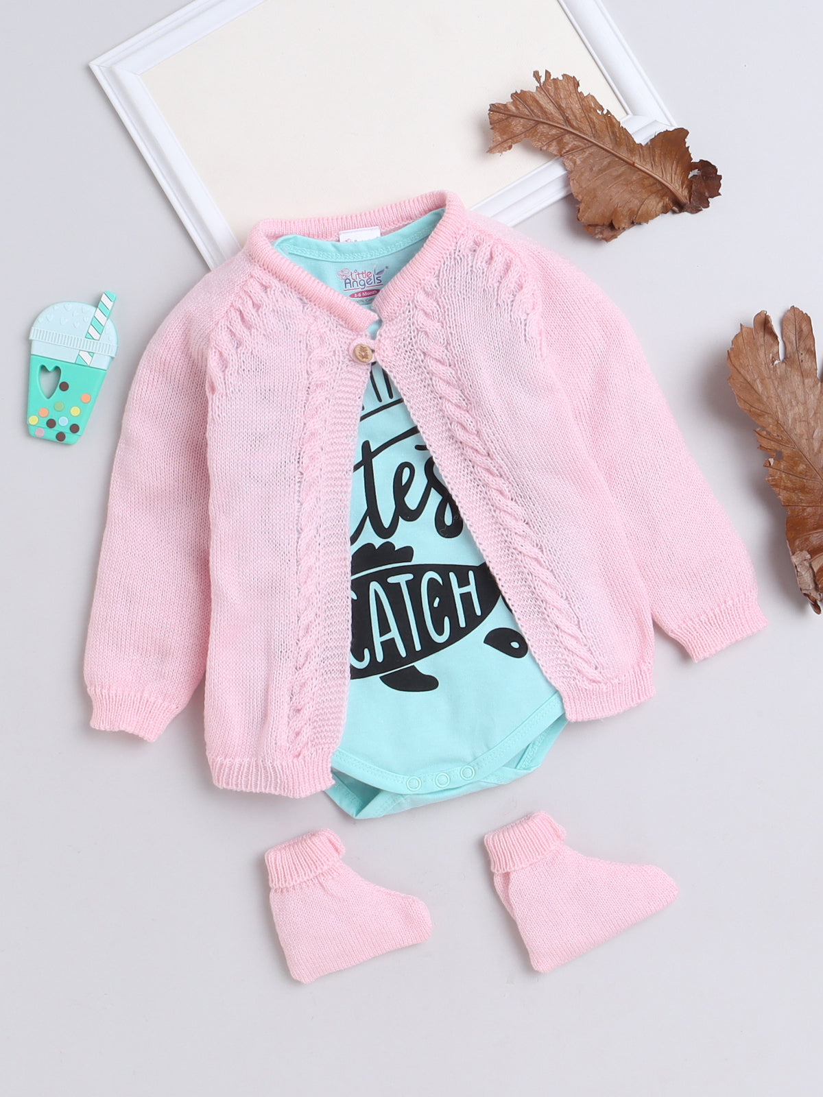 Wooden Button Front Open Pink Color Knitted Baby Sweater Jacket Set with matching Socks and stylish Cotton blue color Onesie
