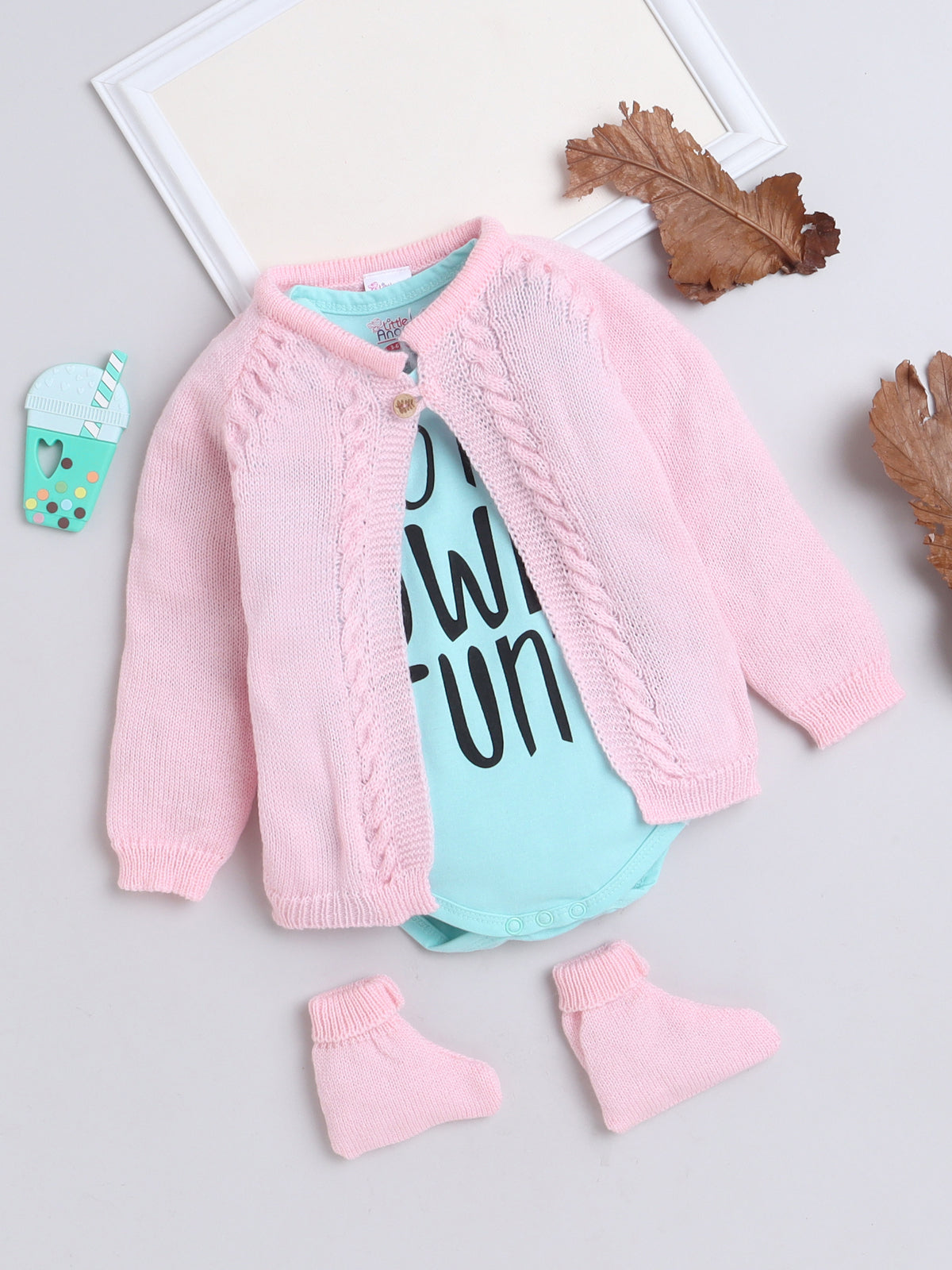 Wooden Button Front Open Pink Color Knitted Baby Sweater Jacket Set with matching Socks and stylish Cotton blue color Onesie