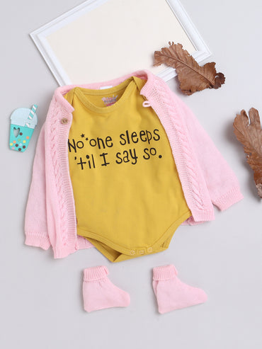 Wooden Button Front Open Pink Color Knitted Baby Sweater Jacket Set with matching Socks and stylish Cotton Yellow color Onesie