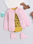 Wooden Button Front Open Pink Color Knitted Baby Sweater Jacket Set with matching Socks and stylish Cotton Yellow color Onesie