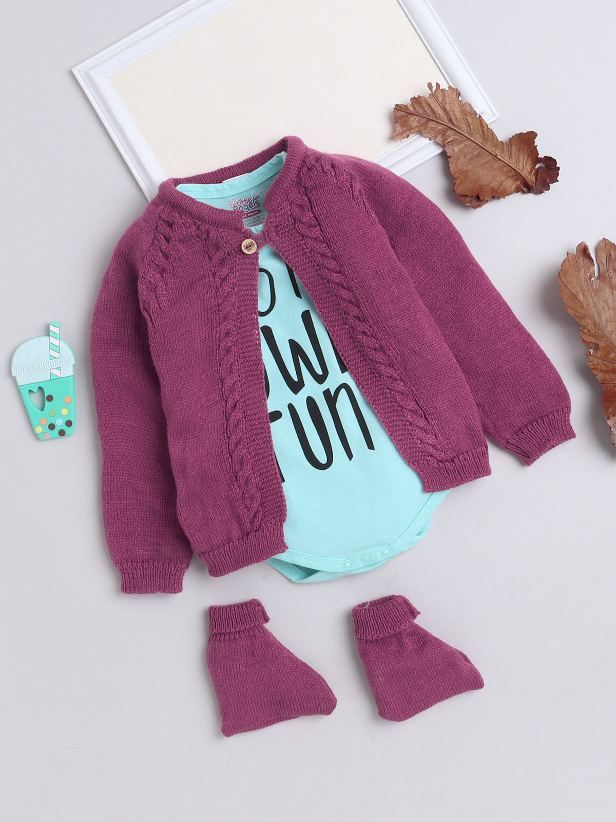 Wooden Button Front Open Wine Color Knitted Baby Sweater Jacket Set with matching Socks and stylish Cotton blue color Onesie