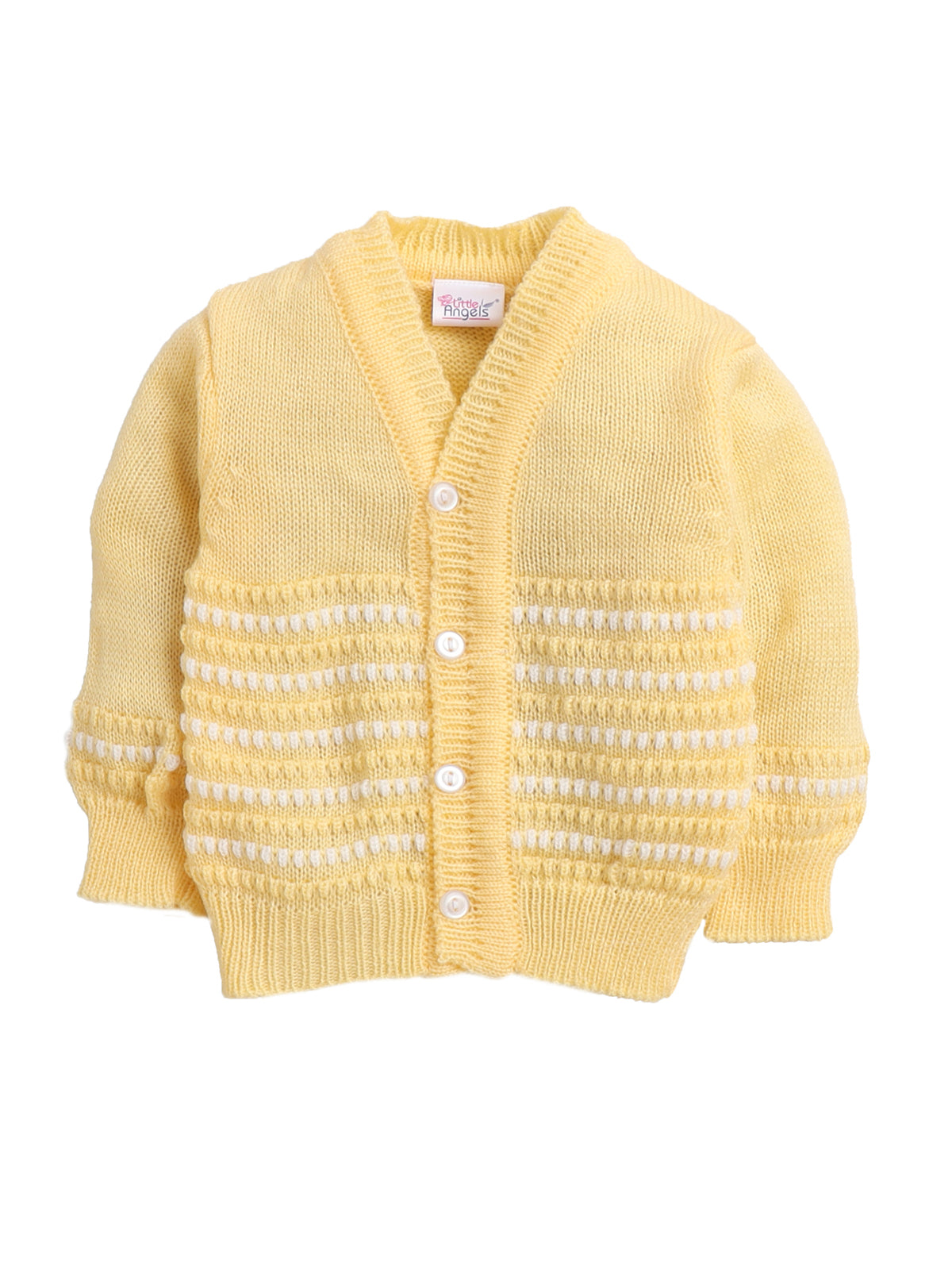 3 Pcs Sweater Full sleeves front open yellow color with matching cap and socks for baby