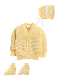 3 Pcs Sweater Full sleeves front open yellow color with matching cap and socks for baby