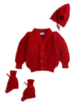 Full Sleeve Red Color Self Design Sweater with Matching Caps and Socks For Infants