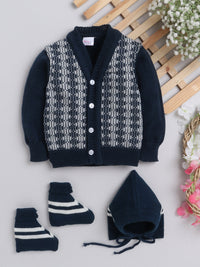 Full sleeves front open navy blue color sweater with matching cap and socks for baby