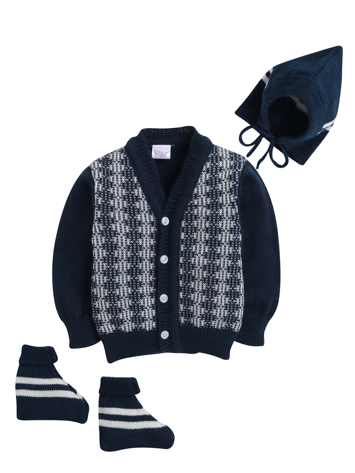 Full sleeves front open navy blue color sweater with matching cap and socks for baby