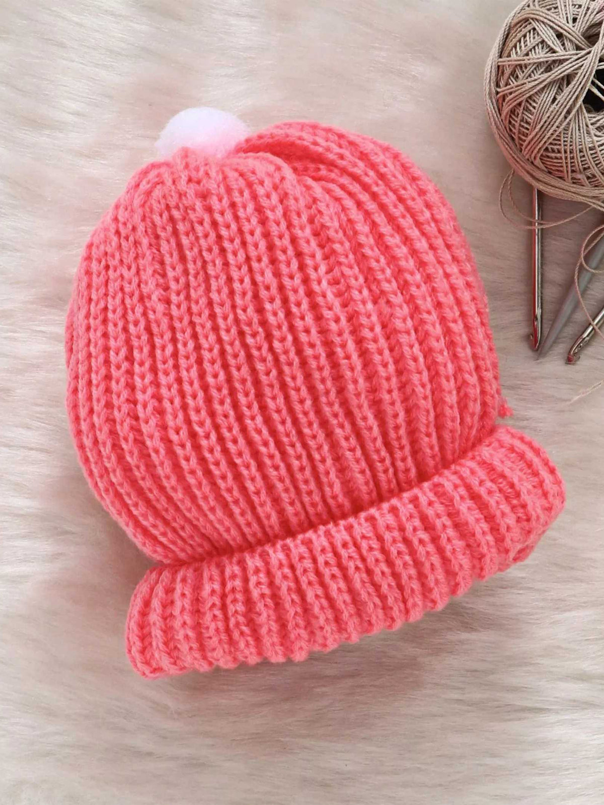 Soft and Comfortable Round Cap with Pom Pom for baby - Neon Pink color