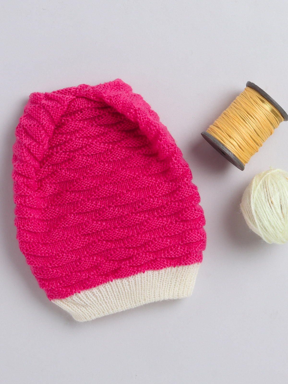 Elegant knitted Textured Round Cap with, Fuchsia