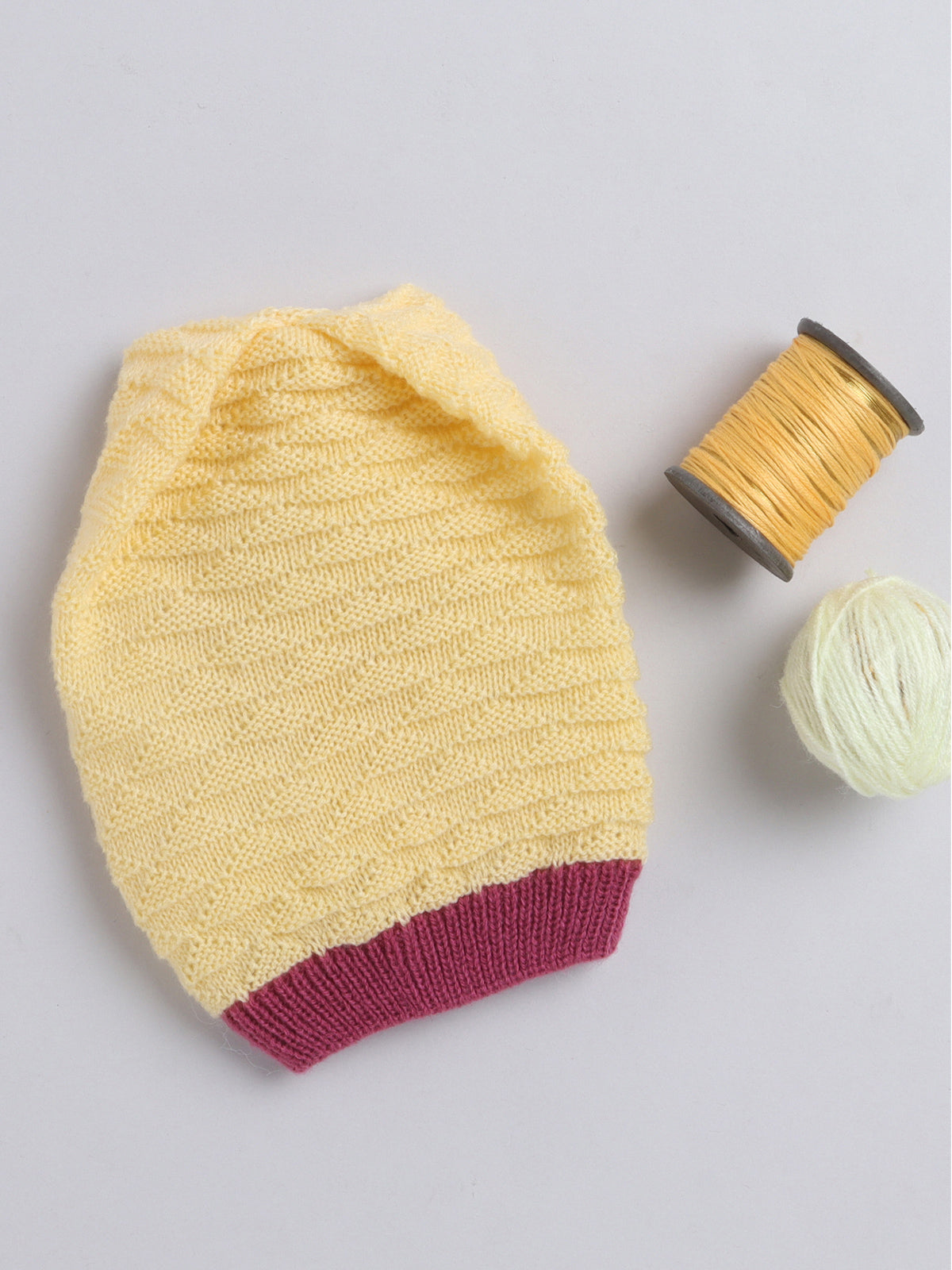Elegant Knited Textured Round Cap with, Yellow Color