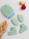 combo of cap mittens and socks with strips Textured pattern