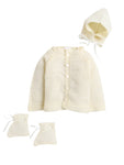 Full Sleeves Front Open Cream Color Self Design Sweater Set With Matching Caps and Socks for Baby