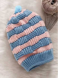 Striped Round Baby Cap with Pom Pom Blue/Pink Color