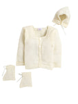 Full Sleeves front open cream color self design sweater with matching caps and socks for baby