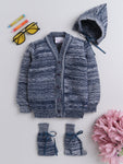 Front Open Navy Color Crayon Pattern Sweater with Cap and Socks