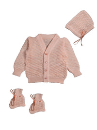 Front Open Peach color Self Design Sweater With Caps and pair of Socks