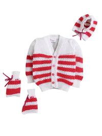 Fuchsia color stripe design sweater with matching cap and socks for baby
