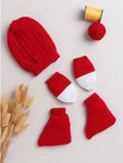 combo of cap mittens and socks with strips pattern in red color