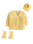 Yellow Color V-neck Self Design Sweater with Cap and Sock for Infants