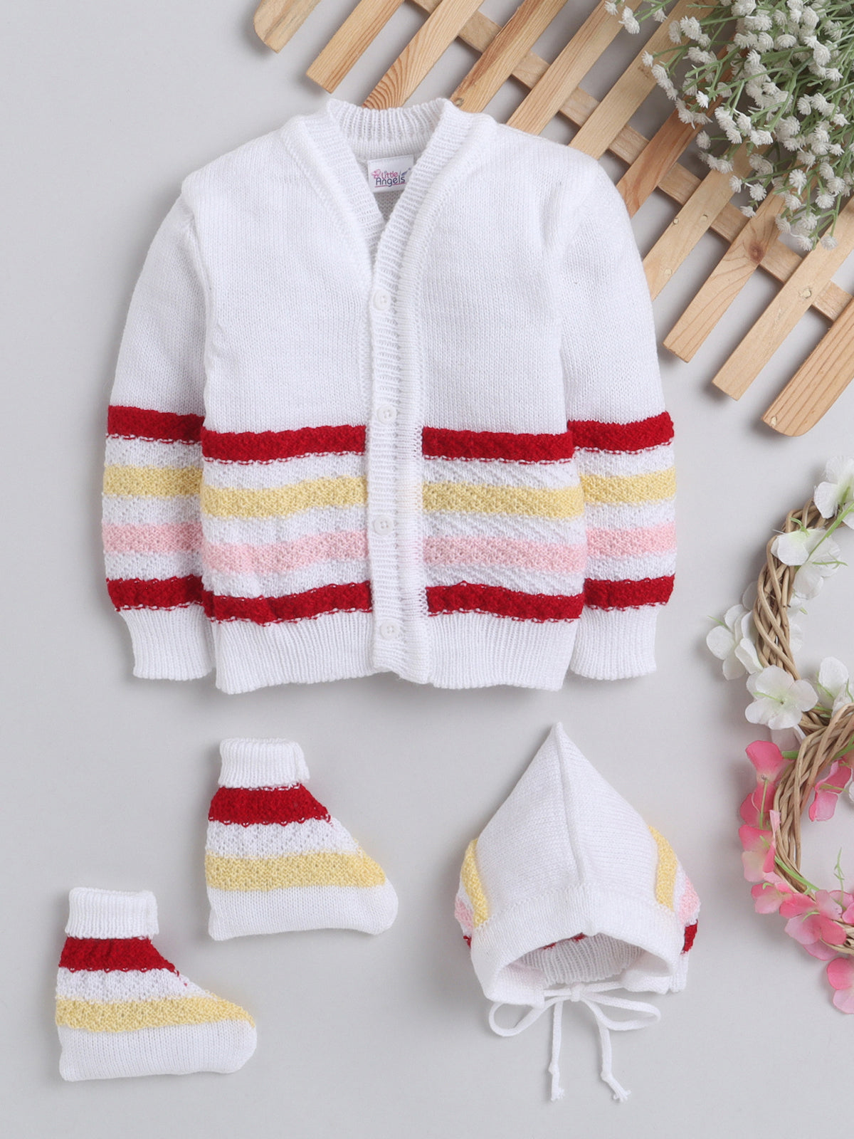 Front Open Sweater set red color stripe design for infants
