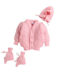 Front Open Full Sleeve pink Color Self design sweater with matching caps and socks for baby
