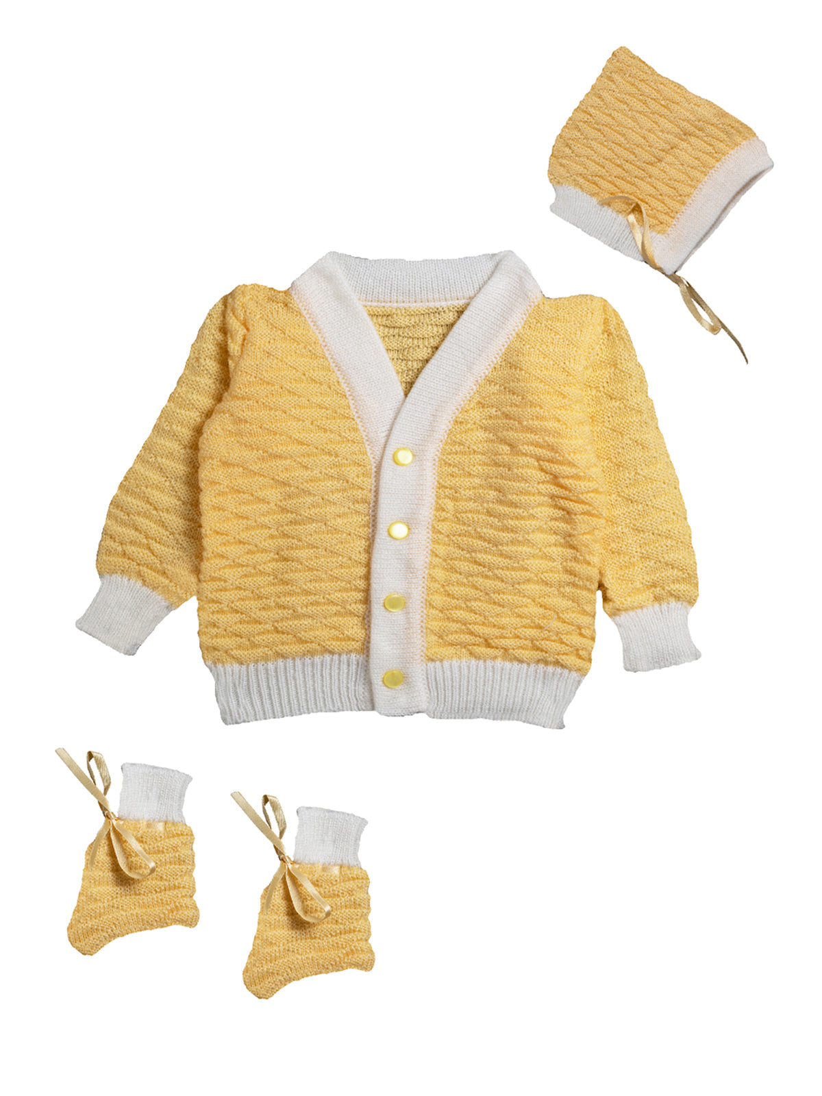 Yellow Color Self Design Sweater with Cap and Pair of Socks