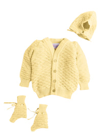 Full Sleeves Self Design Front Open Yellow Color Sweater with Cap and Pair of Socks
