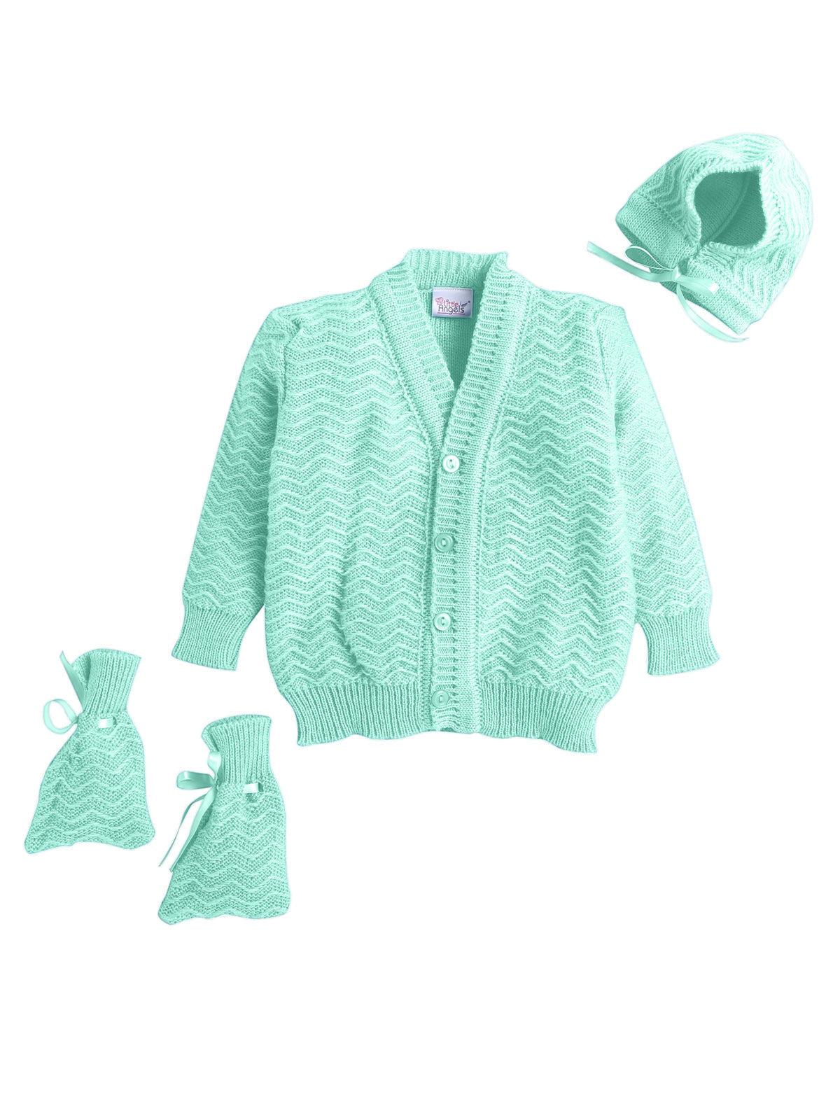 Full Sleeve Front Open Zig-zag pattern Green Color Sweater with matching Caps and Socks for Baby