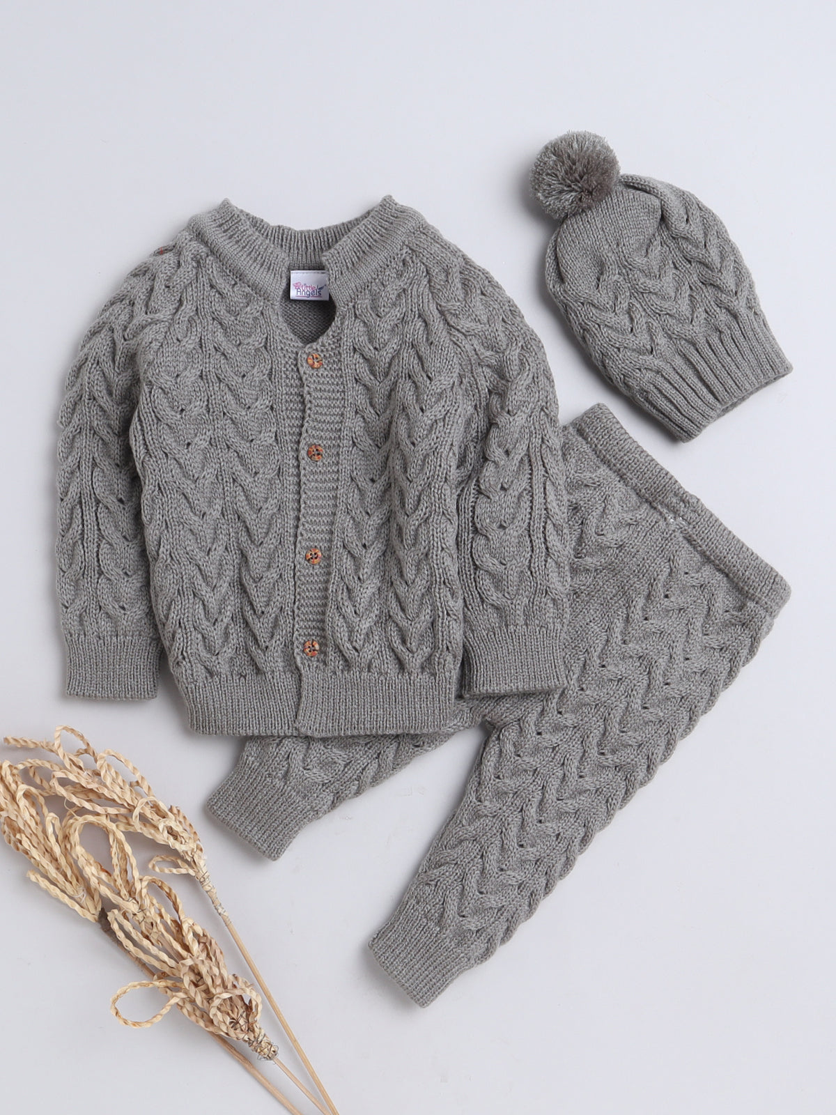 Little Angels Winter Chic Cable Knit Baby Outfit - Gray Sweater with Pant, Round Pom Pom Cap, Heavy Winter Wear for baby, available in 0 to 1 Year range.