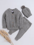 Little Angels Winter Chic Cable Knit Baby Outfit - Gray Sweater with Pant, Round Pom Pom Cap, Heavy Winter Wear for baby, available in 0 to 1 Year range.