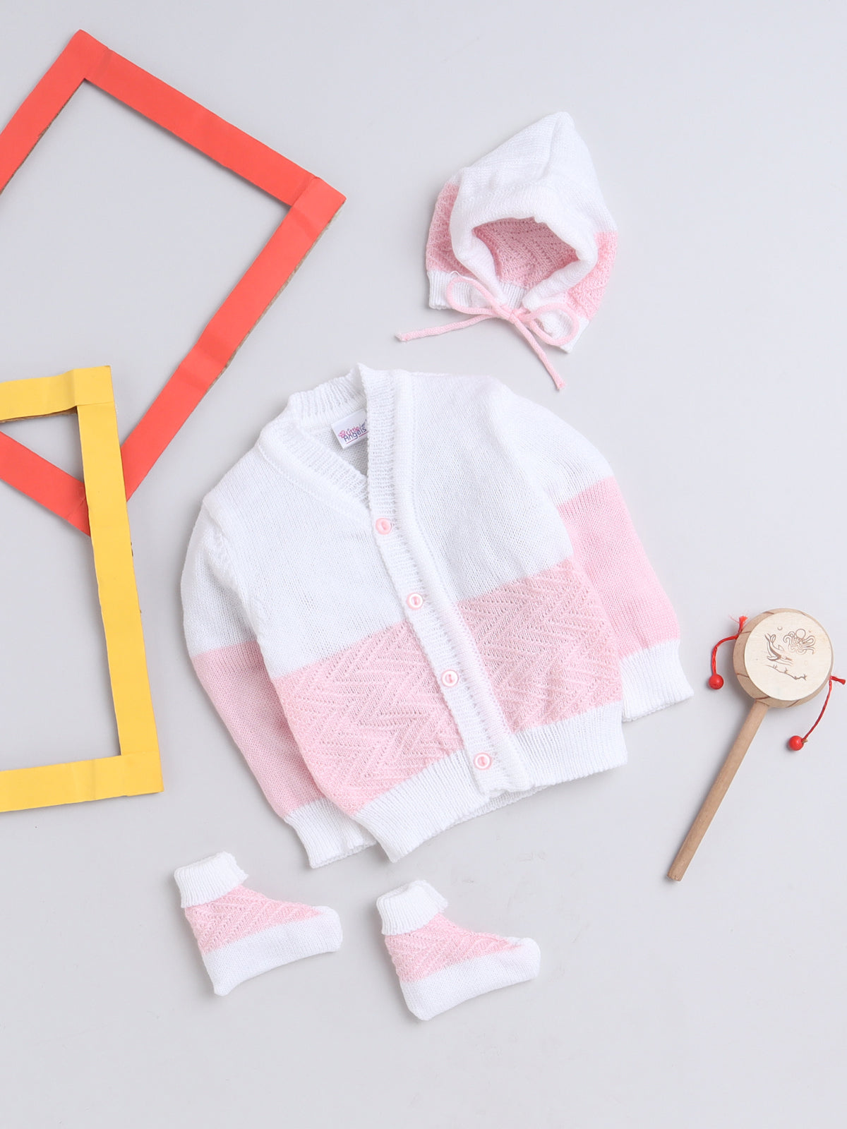 3 Pcs Sweater Full Sleeve Front Open Half Zig-Zag pattern White and pink with Matching Caps and Socks for Baby