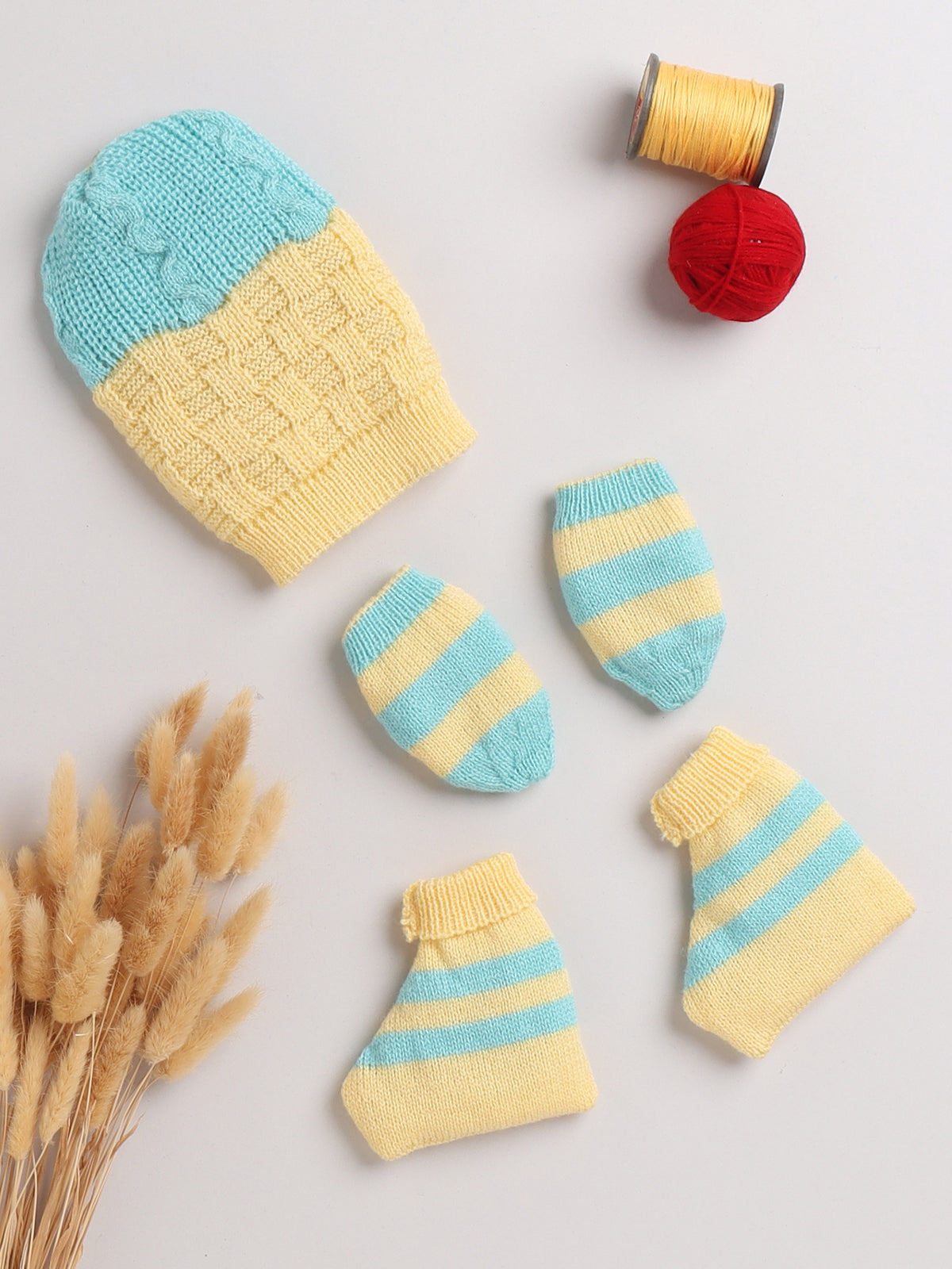 baby wool combo of cap mittens and socks with strips pattern