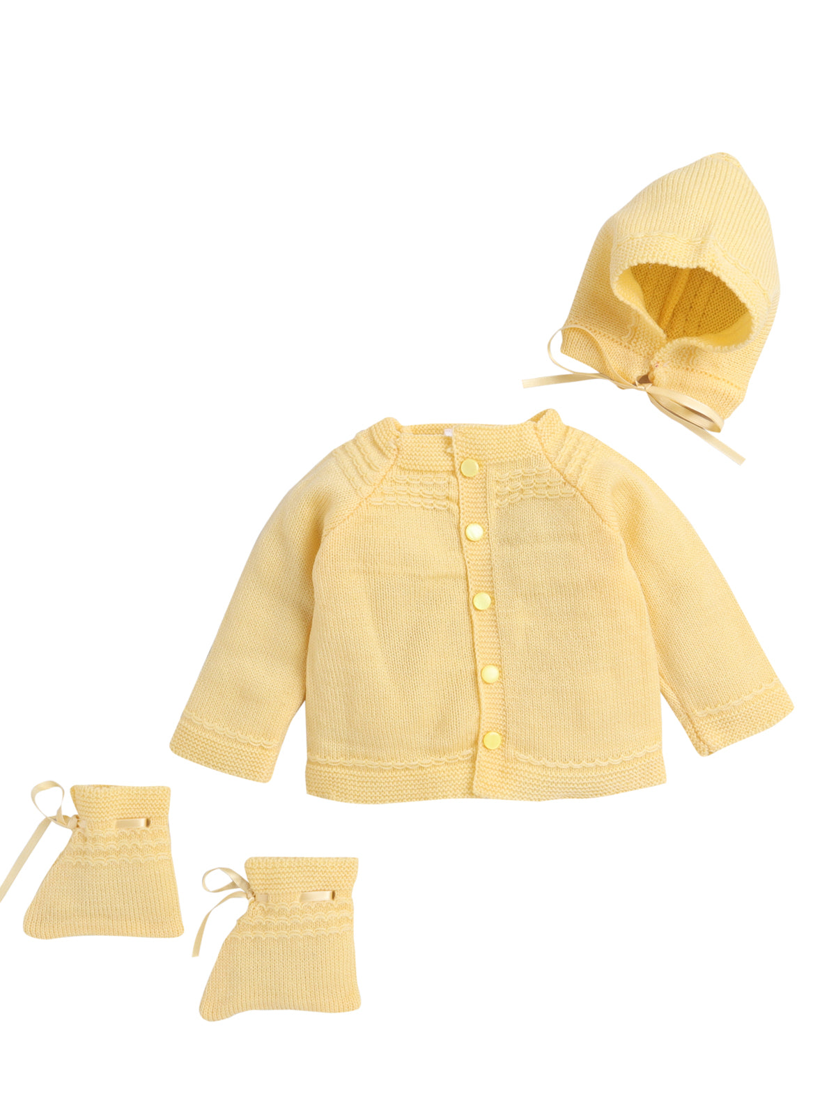 Full Sleeves Front Open Yellow Color Self Design Sweater Set With Matching Caps and Socks for Baby