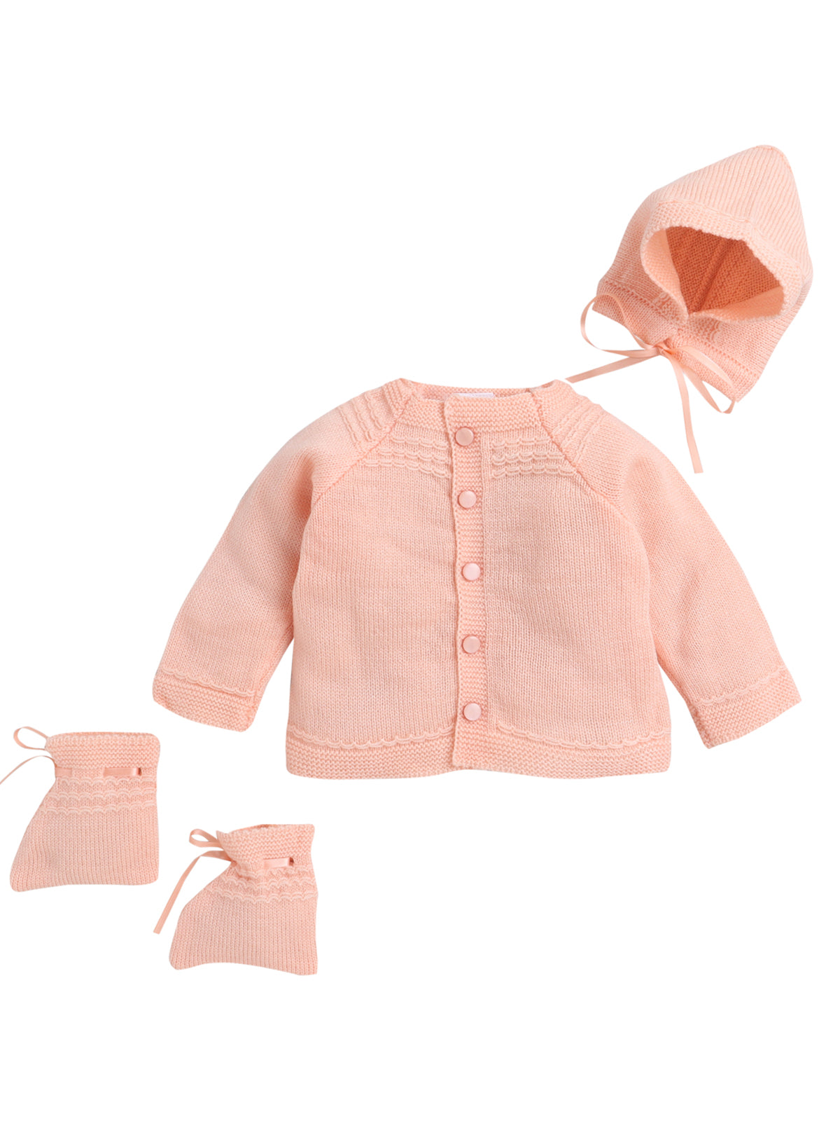Full Sleeves Front Open Peach Color Self Design Sweater Set With Matching Caps and Socks for Baby