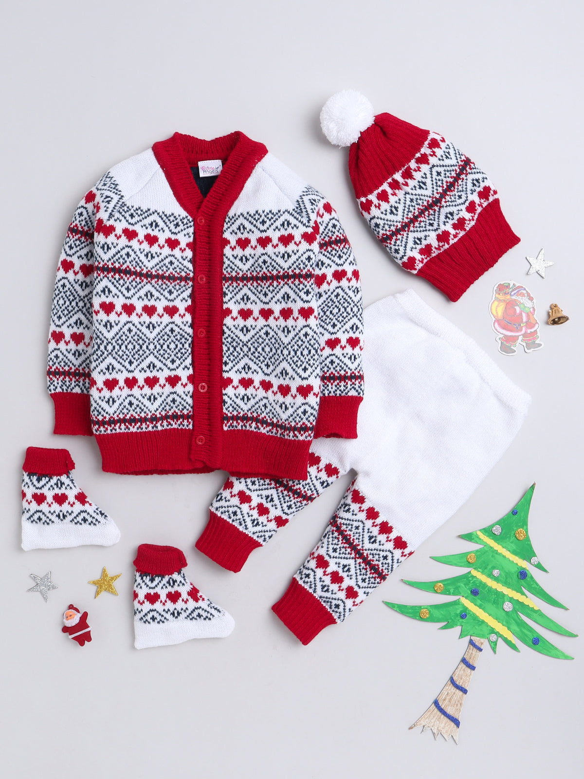 Little Angels Christmas Delight Knitted Baby Outfit Set - Red and White Sweater with Pant, Cap, and Socks