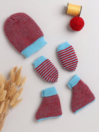 combo of cap mittens and socks with strips pattern for babies