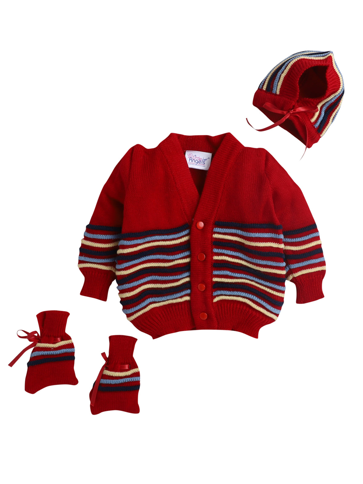 Red Color Stripe Design V-neck Sweater with matching caps and socks