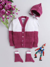 Full sleeves front open wine color sweater with matching cap and socks for baby