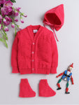 Full sleeves front open Fuchsia color sweater with matching cap and socks for baby