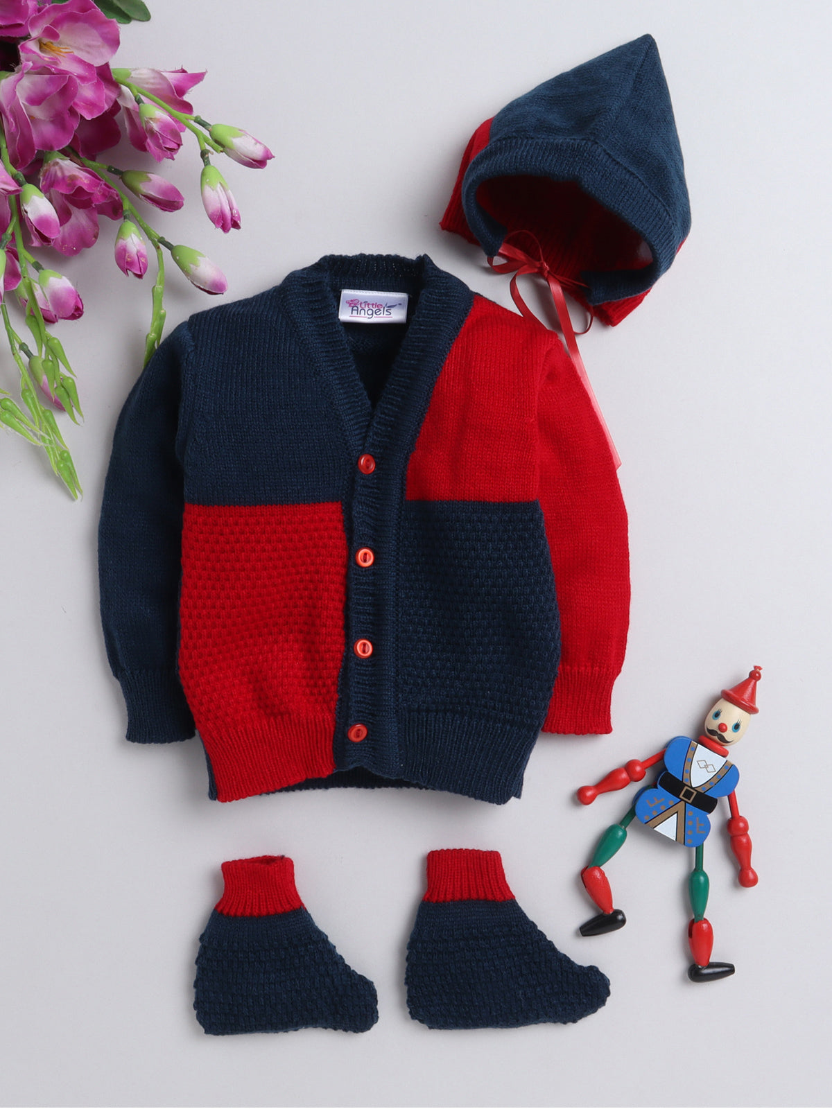 Full sleeves front open red and navy color sweater with matching cap and socks for baby