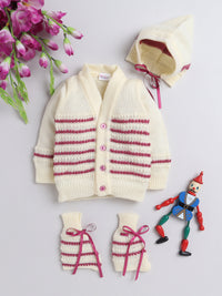 Full Sleeve Stripe Design Wine Color Sweater Set with Caps and Socks for Infants