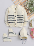 Full sleeves front open cream color sweater with matching cap and socks for baby