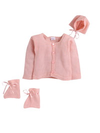 Full Sleeves front open Pink color self design sweater with matching caps and socks for baby