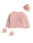 Full Sleeves Front Open Pink Color Self Design Sweater Set With Matching Caps and Socks for Baby