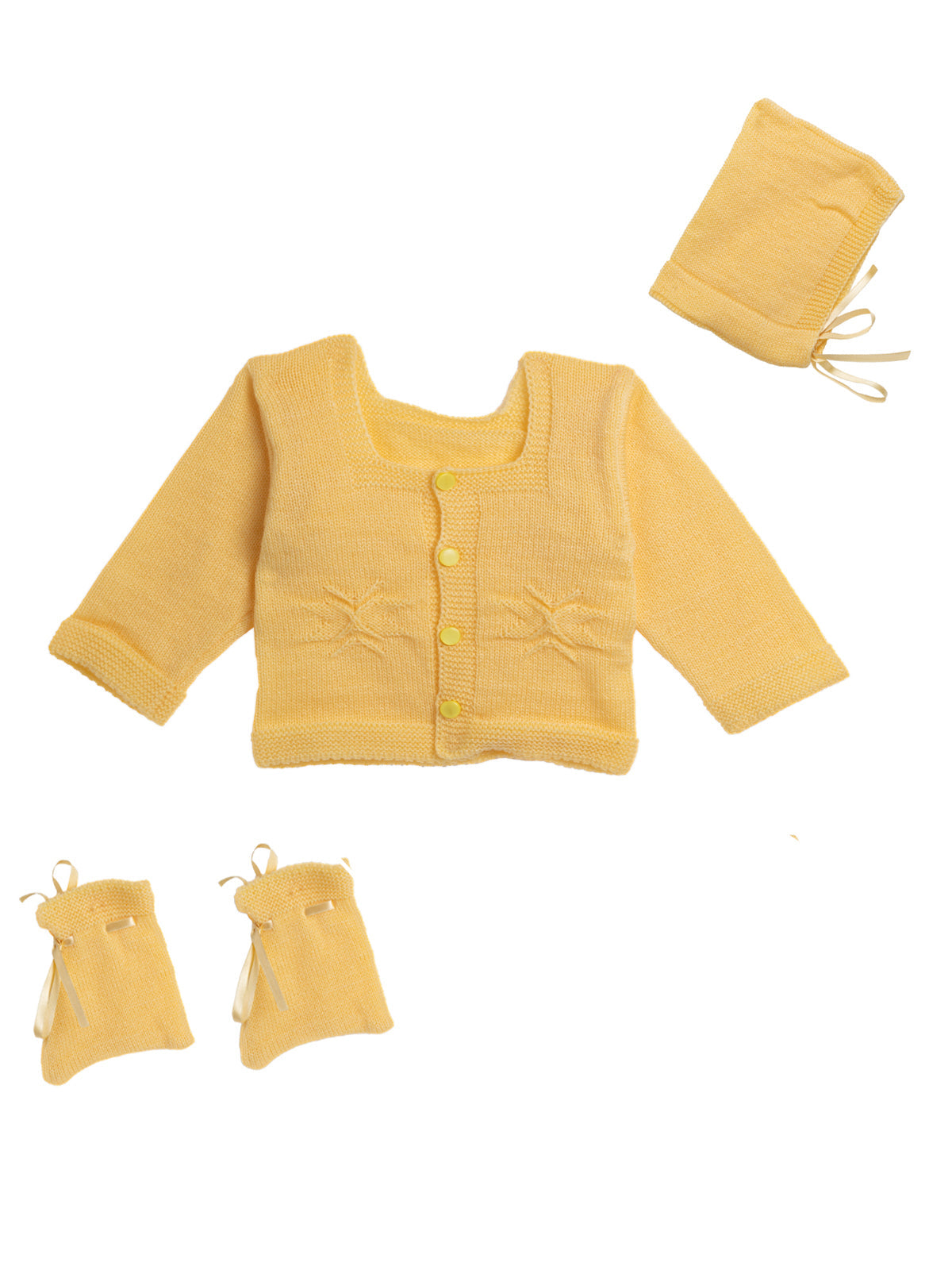 Front Open Yellow Color Full Sleeves Self Design with matching Cap and socks