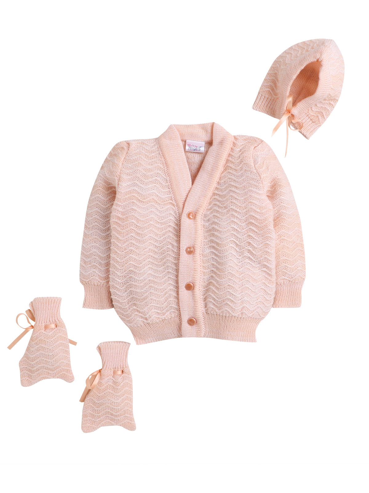 Peach Color Zig-zag crayon pattern sweater set with matching caps and socks